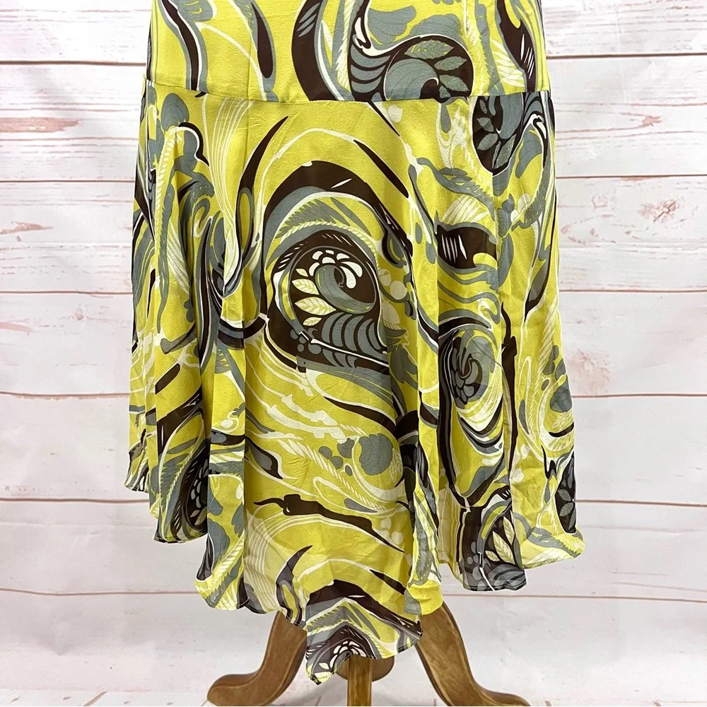 Vintage BCBG Maxazria Y2K Chartreuse Psychedelic Paisley Silk Art Deco Dress
